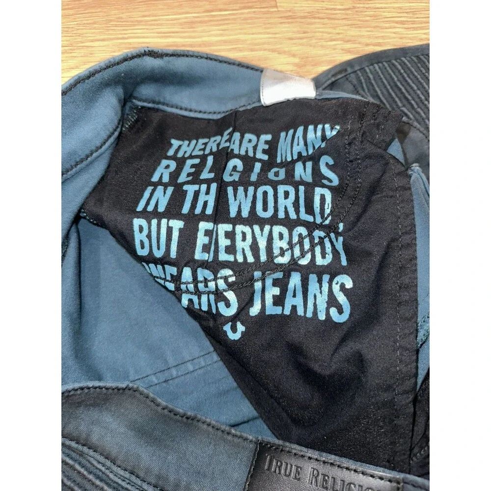 True Religion Geno Moto Jeans Black Denim Stitching Faded Slim Size 36 Biker